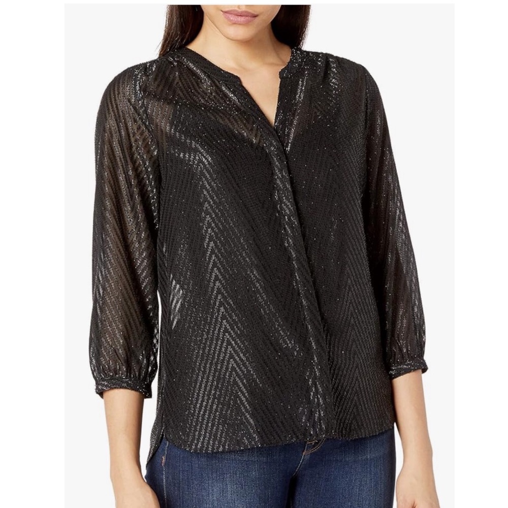 NYDJ Women’s XS Black Lurex Pintuck 3/4 Length Sleeve V-Neck‎ Relaxed Fit Blouse